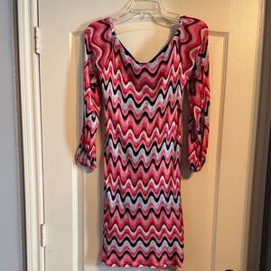 Trina Turk Red and Pink Zigzag Long Sleeve Dress